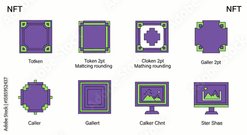 NFT icons: square, round, and monitor shapes, with purple and green pixel art design.