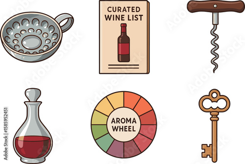 Wine tasting essentials: decanter, wine list, corkscrew, aroma wheel, tastevin, key