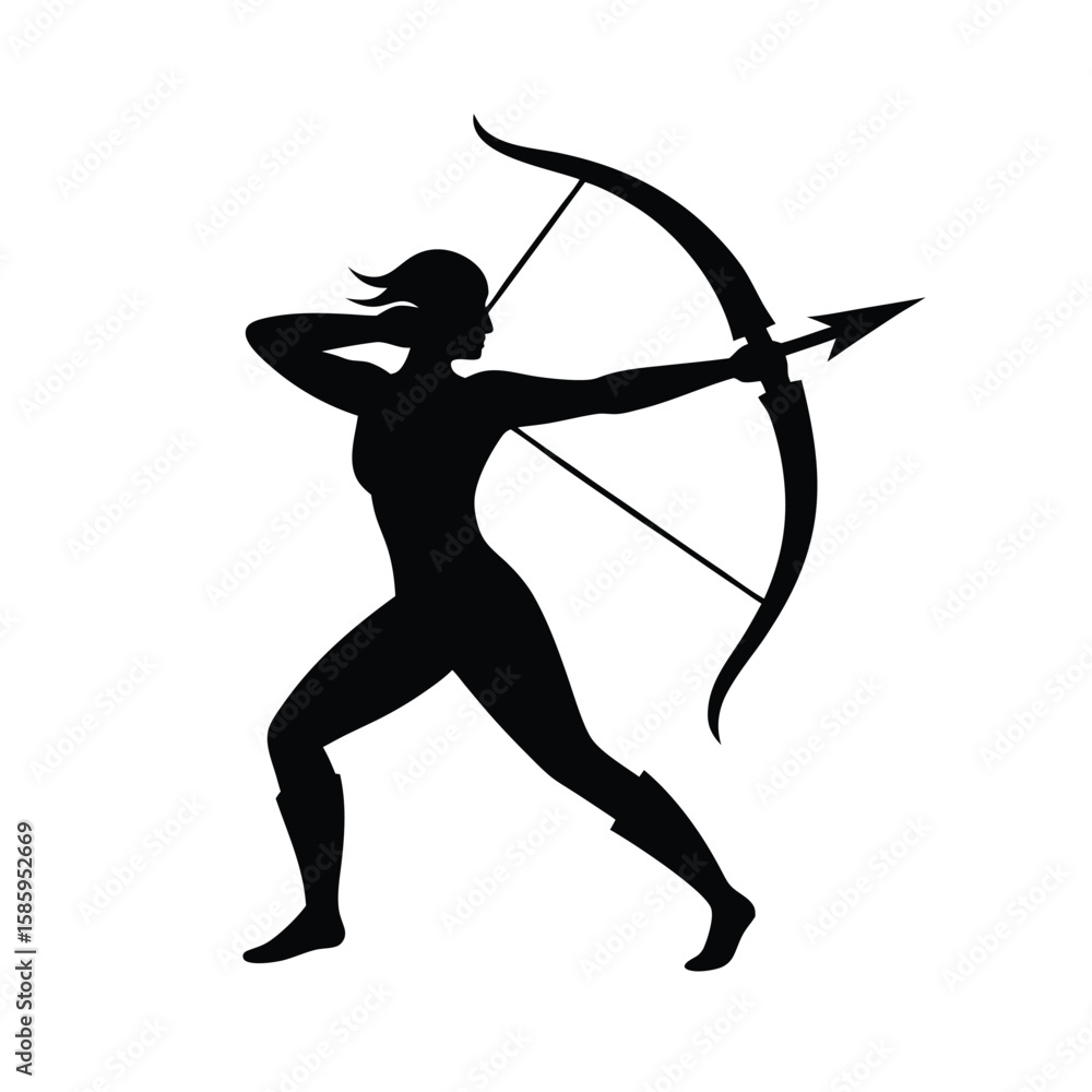 Fototapeta premium Focused archer silhouette pulling bow ready to shoot with strong stance on white background