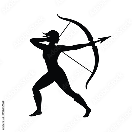 Focused archer silhouette pulling bow ready to shoot with strong stance on white background
