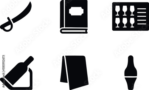 Knife book glasses bottle towel bottle opener icons set
