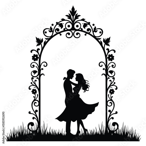Couple embracing beneath ornate archway with floral accents embrace romance