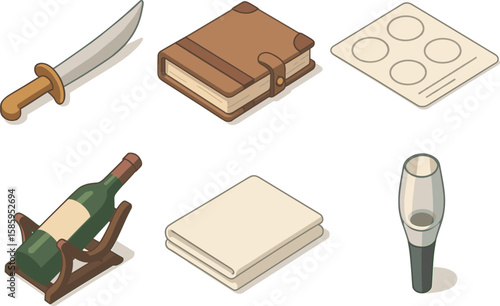 Set of objects including sword, book, paper, wine, napkin, and glass