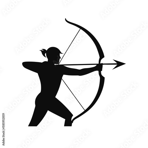 Silhouette of archer shooting arrow with intense focus at target on white background