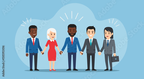 A diverse group of smiling business professionals from various backgrounds stands together holding hands, symbolizing unity and teamwork.