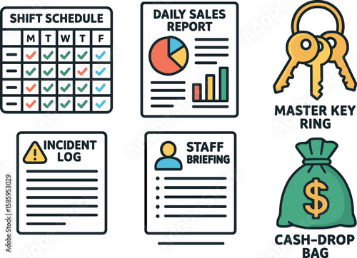 Retail management icons: schedule, sales, keys, incident log, briefing, cash bag