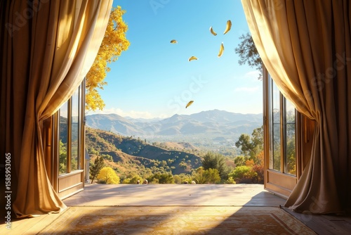 A view of a room with a view of the mountains through the curtains