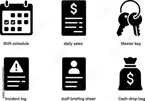 Business management icons: schedule, sales, key, log, briefing, cash