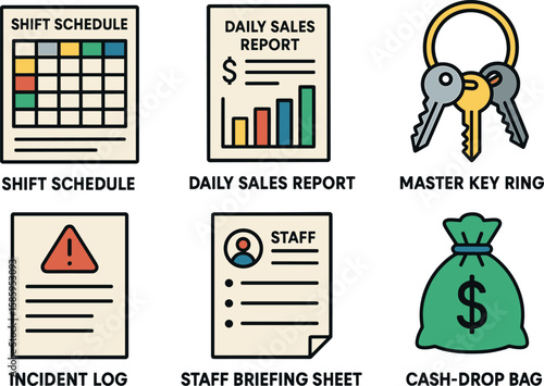 Business management icons set including shift schedule, sales report, and cash-drop bag