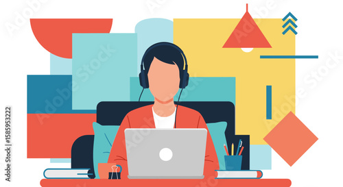 A person with headphones works on a laptop at a desk, set against a modern, colorful abstract background, illustrating remote work and online communication.