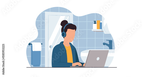 A focused individual wearing headphones diligently works on a laptop in an unexpected home bathroom setting, highlighting remote work challenges.