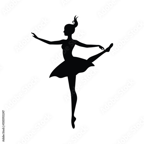 Silhouette of elegant ballet dancer performing beautiful dance pose on white background