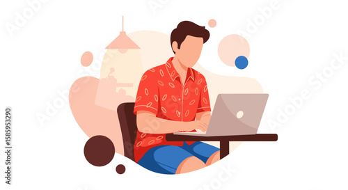 An illustration depicts a man working on a laptop, seated at a table, showcasing the concept of remote work or freelance lifestyle in a modern and stylized design.
