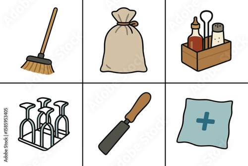 Household essentials collection: broom, sack, condiments, glasses, knife, napkin