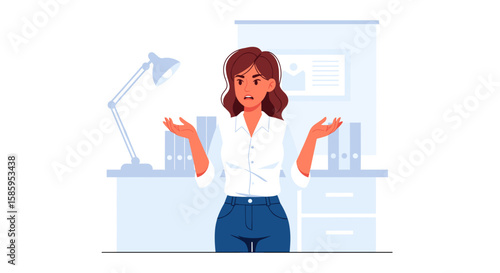 A confused businesswoman gestures with open palms, seemingly unsure about a situation, standing in a modern office environment with a desk and lamp.