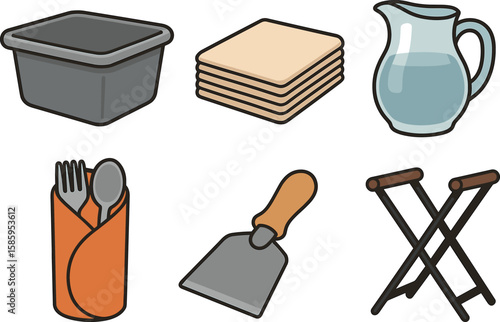 Essential picnic items: basket, napkins, pitcher, cutlery, spatula, stool