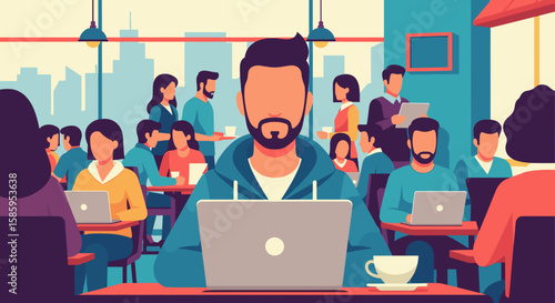 Diverse group of people working and socializing in a bright, modern coworking space with laptops and coffee.