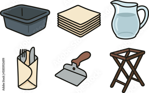 Kitchen utensils and accessories set including tray, napkins, jug, cutlery, scraper, and stand