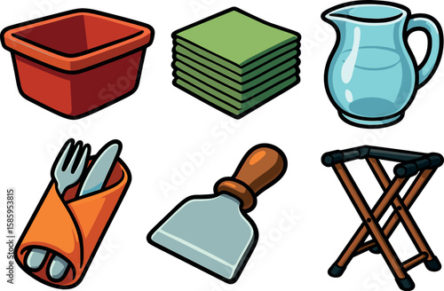 Illustrated kitchen and dining items collection with utensils and tableware