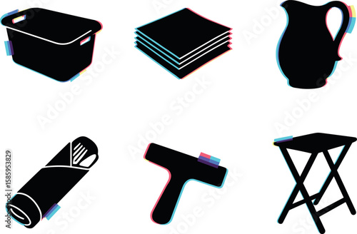 Household icons: container, napkins, pitcher, utensils, squeegee, stool