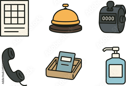 Hotel elements: bell, soap, phone, counter, keypad, counter icon set