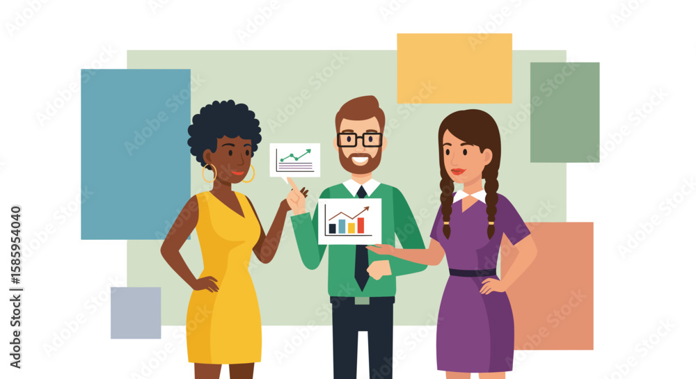 Fototapeta premium A diverse team of three business professionals collaborate on a project, analyzing charts and graphs to identify trends and strategies for success in a modern office setting.