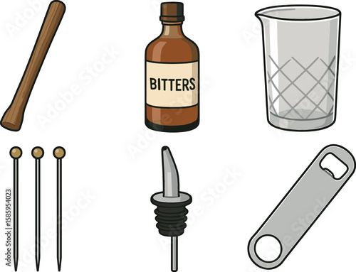 Cocktail tools set - muddler, bitters, mixing glass, skewers, pourer, bottle opener
