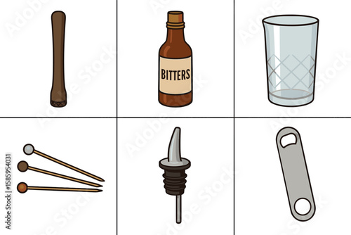 Bar tools illustration: muddler, bitters, glass, cocktail picks, pourer, bottle opener