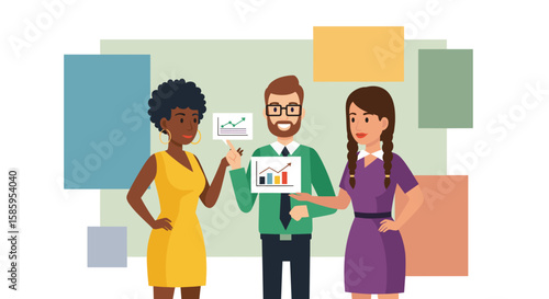 A diverse team of three business professionals collaborate on a project, analyzing charts and graphs to identify trends and strategies for success in a modern office setting.