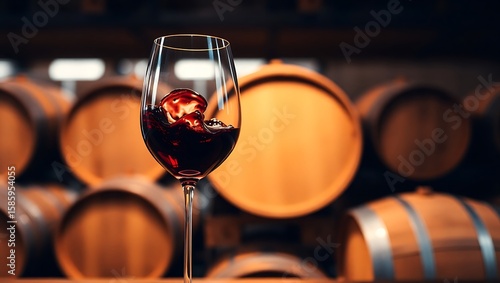 Close-up of swirling red port wine in crystal glass, reflections of wooden wine barrels in background, cinematic depth of field, rich warm tones