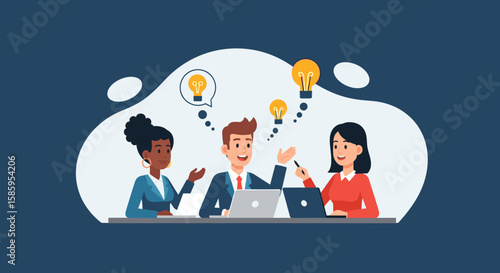 Diverse team members collaborate on innovative ideas, brainstorming solutions with laptops and lightbulb icons against a modern, minimalist dark blue background.
