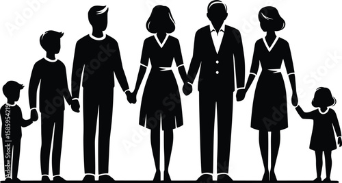 Family member holding hand together silhouette Vector Illustration isolated on a white background