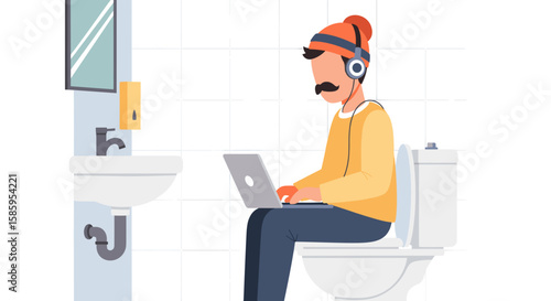 Man with headphones works on laptop while sitting on toilet, demonstrating modern remote work habits and distractions.