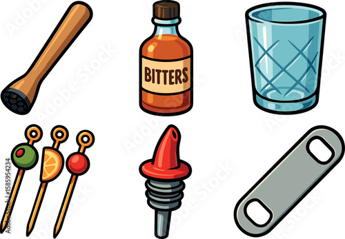 Cocktail bar tools set with bitters and bar accessories