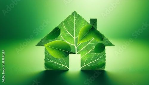 green eco house concept leaf covered silhouette of house on green background