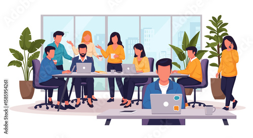 Diverse team collaborates in a modern office, brainstorming ideas and working on laptops, fostering a creative and inclusive work environment with plants and natural light.