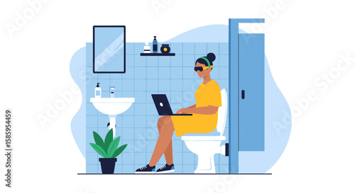 Woman working on laptop in a bathroom stall, embodying the modern concept of remote work and digital nomadism.