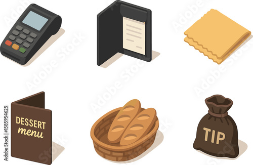 Restaurant icons: payment terminal, bill folder, napkin, dessert menu, bread basket, tip bag