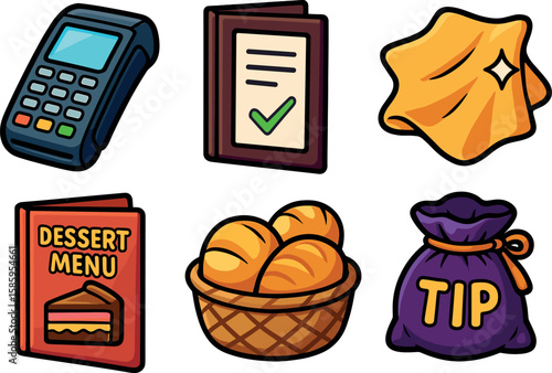 Digital payment terminal, menu, napkin, dessert menu, bread basket, tip bag icons