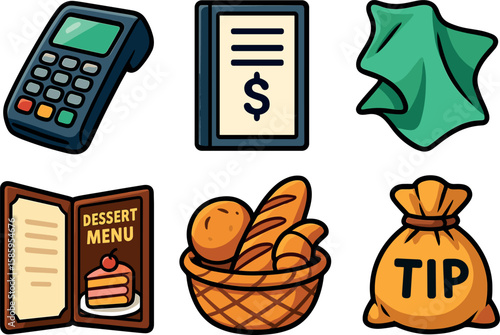 Payment terminal, receipt, napkin, dessert menu, bread basket, tip bag icons