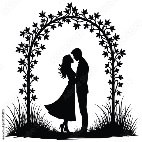 Couple Embracing Under Floral Archway embrace love