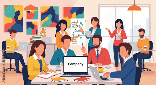 A diverse team of professionals collaborates on a project in a modern, creatively decorated office, showcasing teamwork and innovation.