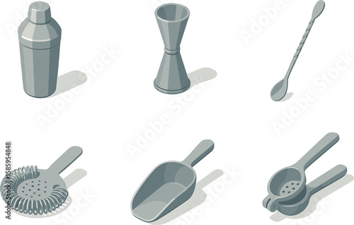 Bartending tools set: shaker, jigger, spoon, strainer, scoop, citrus press