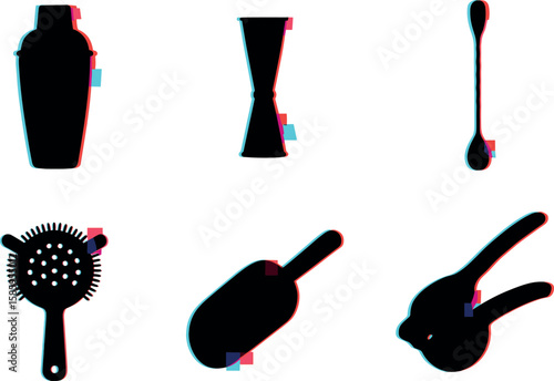 Anaglyph cocktail tools silhouettes: shaker, jigger, spoon, strainer, muddler, crusher