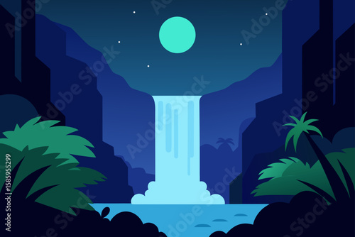 waterfall glowing in moonlight in jungle backgroun