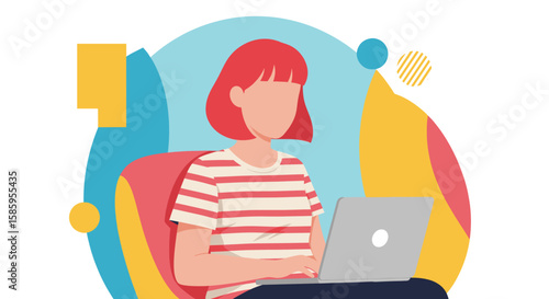 A young woman with red hair sits comfortably using a laptop computer against a vibrant, abstract, colorful background.