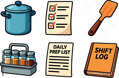 Kitchen tools and documents: pot, checklist, spatula, spice rack, prep list, log book