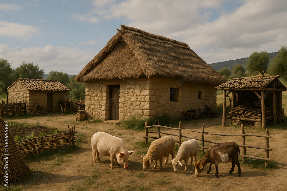 Fototapeta premium Rural Farm with Pigs Outside Thatched Cottage