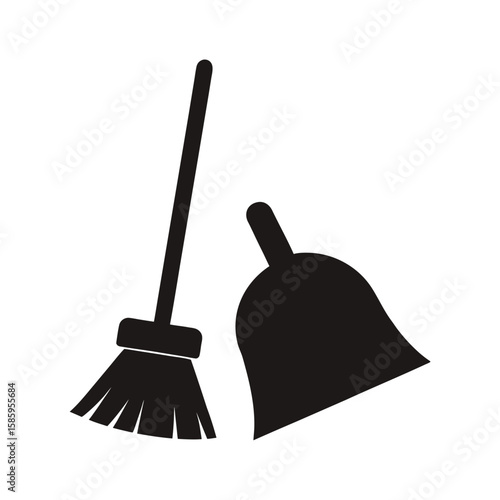 Neat silhouette of dustpan and broom side by side ready for use on white background