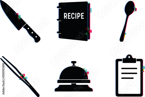 Kitchen icons: knife, recipe book, spoon, tongs, bell, clipboard